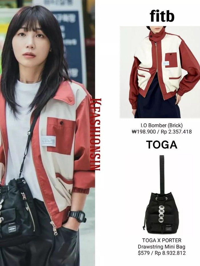 Jung Eun Ji sebagai Kang Ji Goo tampil chic dengan inner kaus putih polos, outer bomber dari fitb serta tas TOGA x PORTER, cocok sebagai inspirasi hangout di cafe./ Foto: Courtesy of @Kfashionsin on Instagram)