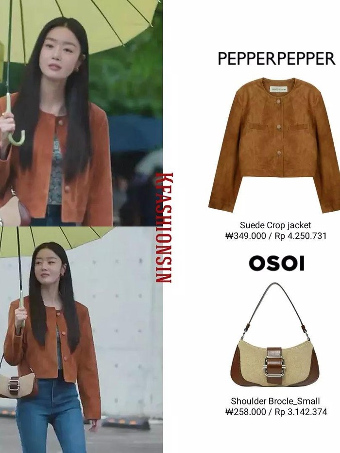 Kalau mau ke mall atau nongkrong cantik, Han Ji Yeon kasih ide kenakan Suede Crop Jacket berwarna kulit dengan paduan slim fit jeans dan shoulder bag dari OSOI untukmu./ Foto: Courtesy of @Kfashionsin on Instagram