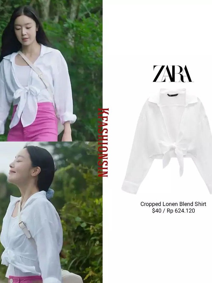 Kalau sedang liburan ke pantai, gaya Han Ji Yeon yang memadukan atasan Cropped Lonen Blend Shirt dari ZARA dengan celana potongan bootcut bisa jadi inspirasi OOTD-mu di Pantai./ Foto: Courtesy of @Kfashionsin on Instagram