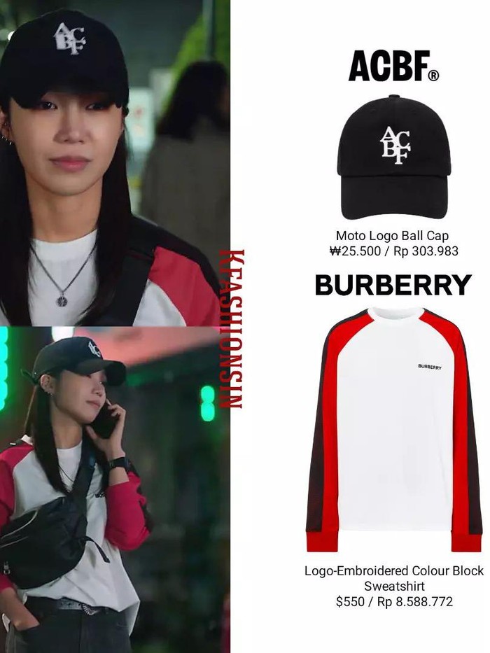 Kali ini gaya lebih tomboy dikenakan Kang Ji Goo dengan paduan kaus Burberry dan Topi ACBF. Tas selempang dan celana jeans hitam yang senada dengan topi membuat tampilannya lebih kuat dan serasi./ Foto: Courtesy of @Kfashionsin on Instagram