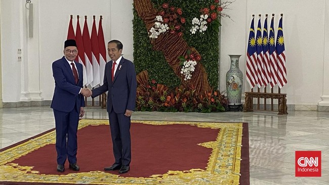 Presiden Joko Widodo menyopiri Anwar Ibrahim saat berkeliling di Kebun Raya Bogor di tengah kunjungan kenegaraan Perdana Menteri Malaysia itu, Senin (9/1).