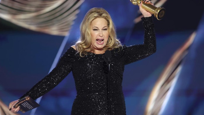 This image released by NBC shows Jennifer Coolidge accepting the Best Actress in a Limited or Anthology Series or Television Film award for 