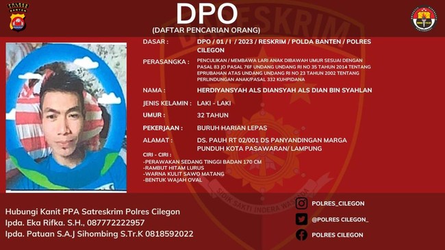 Polres Cilegon mengeluarkan status buron atau Daftar Pencarian Orang (DPO) pelaku penculikan anak di Kota Cilegon, Banten.