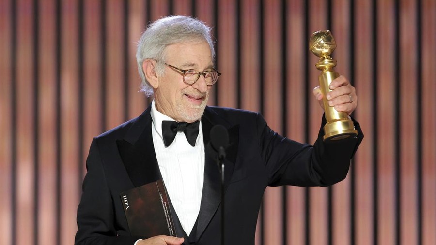 This image released by NBC shows Steven Spielberg accepting the Best Director award for 