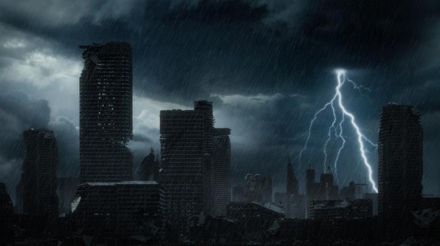 Digitally generated post apocalyptic scene depicting a desolate urban landscape with buildings in ruins at night during a strong rain storm. 



The scene was created in Autodesk® 3ds Max 2020 with V-Ray 5 and rendered with photorealistic shaders and lighting in Chaos® Vantage with some post-production added.