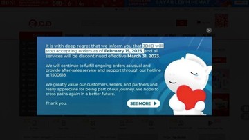 Selamat Tinggal, JD.ID Umumkan Tutup per 31 Maret 2023 JD.ID mengumumkan menyetop menerima pesanan mulai 15 Februari 2023 dan menutup total usahanya pada 31 Maret mendatang.