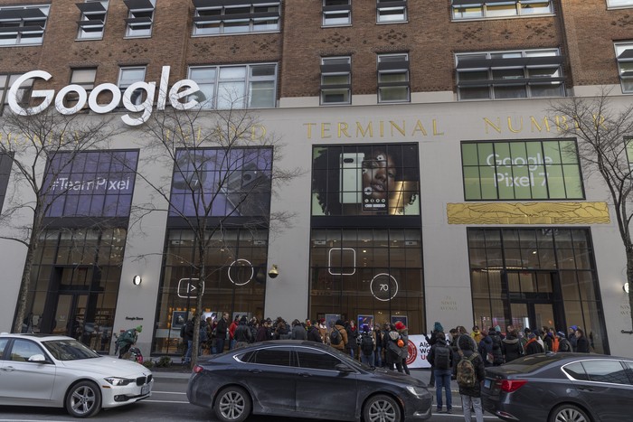 Demonstrators during an Alphabet Workers Union rally in New York, US, on Thursday, Feb. 2, 2023. The protest is in regards to Google's recent layoffs which left 12,000 employees without work. Photographer: Victor J. Blue/Bloomberg via Getty Images