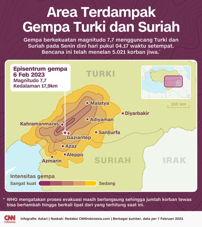 Berikut peta wilayah Turki hingga Suriah yang diguncang gempa dahsyat berkekuatan magnitudo 7,7 beserta ratusan gempa susulan.