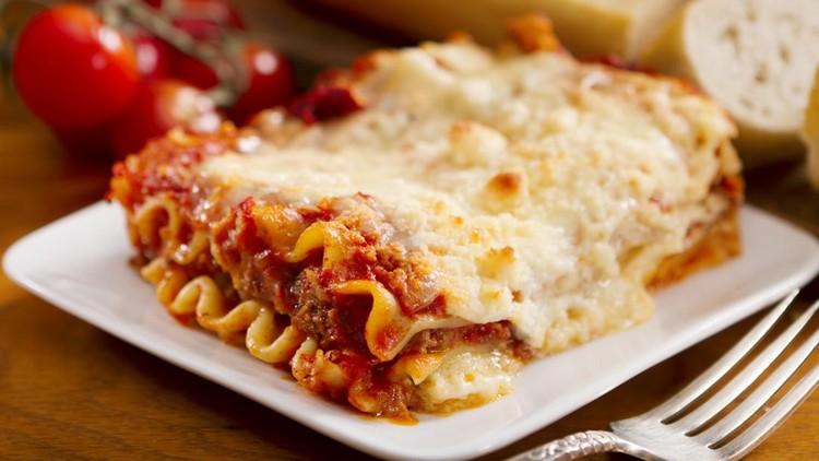 A single serving of freshly made meat and cheese lasagna.