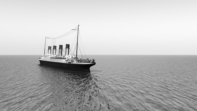 Ilustrasi Kapal Titanic Computer generated 3D illustration with the historic passenger ship Titanic on the high seas in black and white