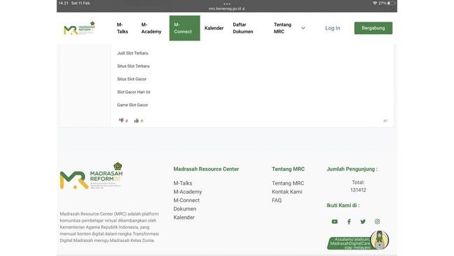 Kementerian Agama menyatakan segera mencopot iklan judi online di situs Madrasah Resource Center (MRC). 