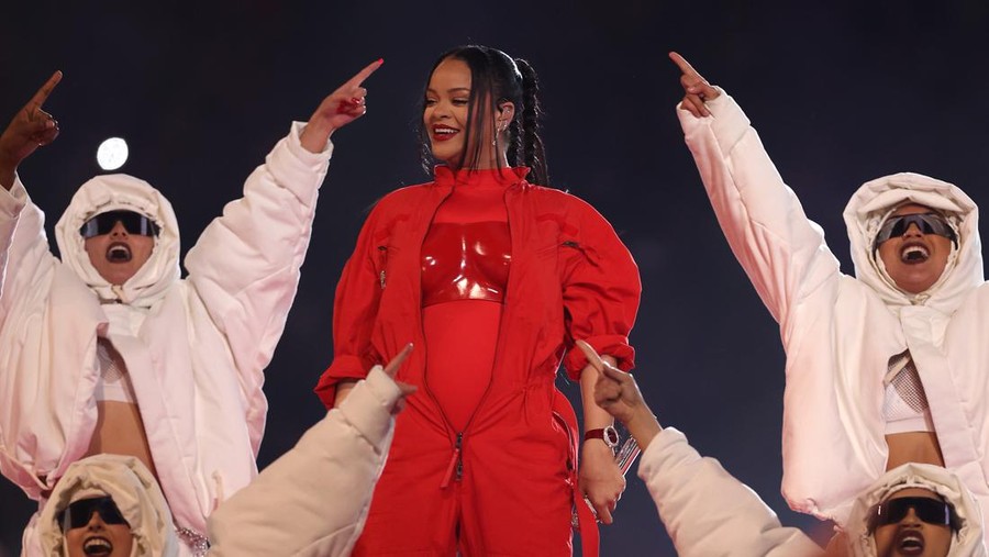 GLENDALE, ARIZONA - FEBRUARY 12: Rihanna performs onstage during the Apple Music Super Bowl LVII Halftime Show at State Farm Stadium on February 12, 2023 in Glendale, Arizona. (Photo by Gregory Shamus/Getty Images)