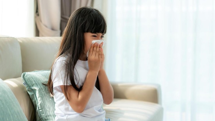 Asian child or kid girl sick and sad with sneezing on nose and cold cough on tissue paper because influenza and weak or virus bacteria from dust weather or smoke and kindergarten school for medical.
