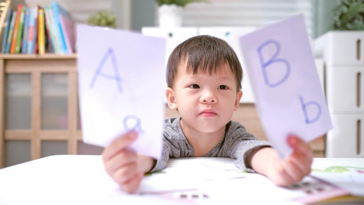 Kindergarten boy playing with flash cards , Asian children learning English with flash cards, Teach young kids English at home, Child at home, kindergarten closed during the Covid-19 health crisis