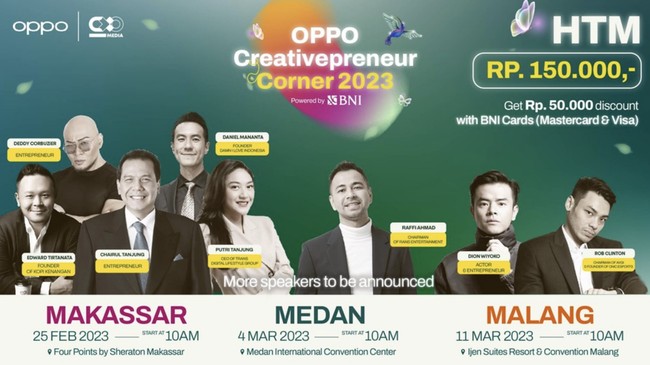 Creativepreneur Corner 2023, talk show seputar bisnis kreatif bagi generasi muda kembali digelar di tiga kota di Indonesia, yaitu Makassar, Medan, dan Malang.