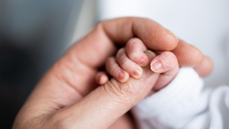Ilustrasi Bayi Prematur Berisiko Tinggi Stunting hand of newborn baby who has just been born holding the finger of his father's hand.