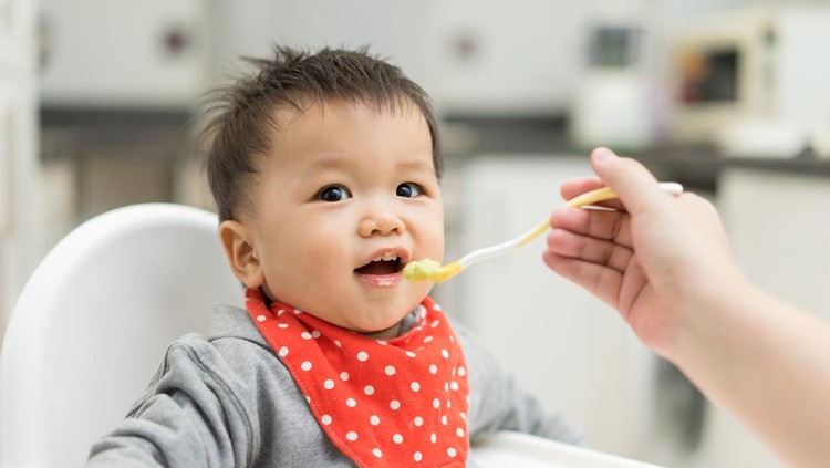Ilustrasi Menium Makanan Bayi Asian baby boy eating blend food on a high chair