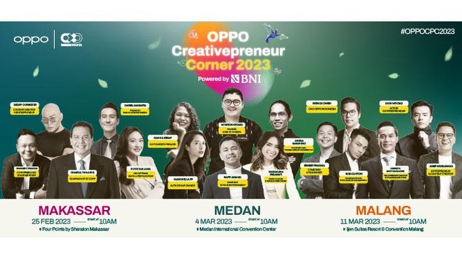 OPPO Creativepreneur Corner 2023 Powered by BNI kembali hadir sebagai rangkaian talkshow untuk memberikan pengalaman seru di Makassar, Medan, dan Malang.