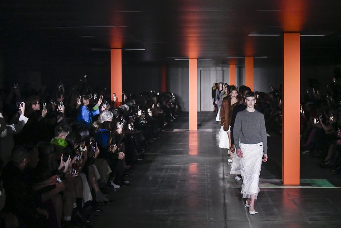 MILAN, ITALY - FEBRUARY 23: A model walks the runway during the Prada Ready to Wear Fall/Winter 2023-2024 fashion show as part of the Milan Fashion Week on February 23, 2023 in Milan, Italy. (Photo by Victor VIRGILE/Gamma-Rapho via Getty Images)