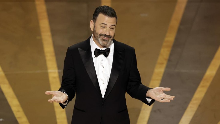HOLLYWOOD, CALIFORNIA - MARCH 12: Host Jimmy Kimmel speaks onstage during the 95th Annual Academy Awards at Dolby Theatre on March 12, 2023 in Hollywood, California. (Photo by Kevin Winter/Getty Images)