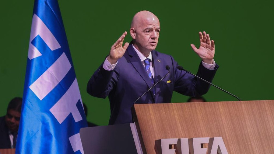KIGALI, RWANDA - MARCH 16: Gianni Infantino speaks during the 73rd FIFA Congress as he is re-elected unopposed as president of FIFA until 2027 in Kigali, Rwanda on March 16, 2023. (Photo by Cyril Ndegeya/Anadolu Agency via Getty Images)