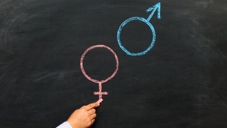 A man's hand with chalk draws a male and female gender symbol on a chalkboard