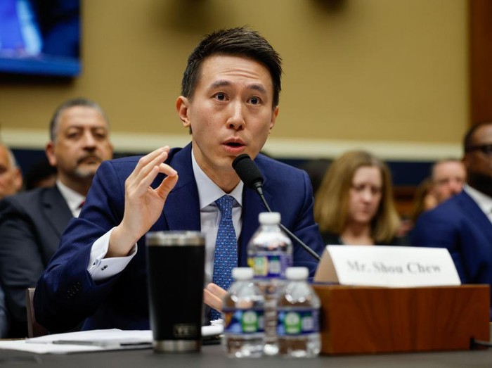 WASHINGTON, DC - MARCH 23: TikTok CEO Shou Zi Chew takes questions from Rep. Kat Cammack (R-FL) before the House Energy and Commerce Committee in the Rayburn House Office Building on Capitol Hill on March 23, 2023 in Washington, DC. The hearing was a rare opportunity for lawmakers to question the leader of the short-form social media video app about the company's relationship with its Chinese owner, ByteDance, and how they handle users' sensitive personal data. Some local, state, and federal government agencies have been banning the use of TikTok by employees, citing concerns about national security. (Photo by Chip Somodevilla/Getty Images)