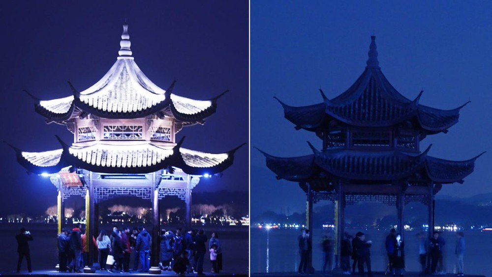 Foto yang diambil pada 25 Maret 2023 menunjukkan Paviliun Jixian (kiri) dan Paviliun Jixian (kanan) sebelum lampu dimatikan di tempat pemandangan Danau Barat di Hangzhou, provinsi Zhejiang, Tiongkok. (Future Publishing via Getty Images)