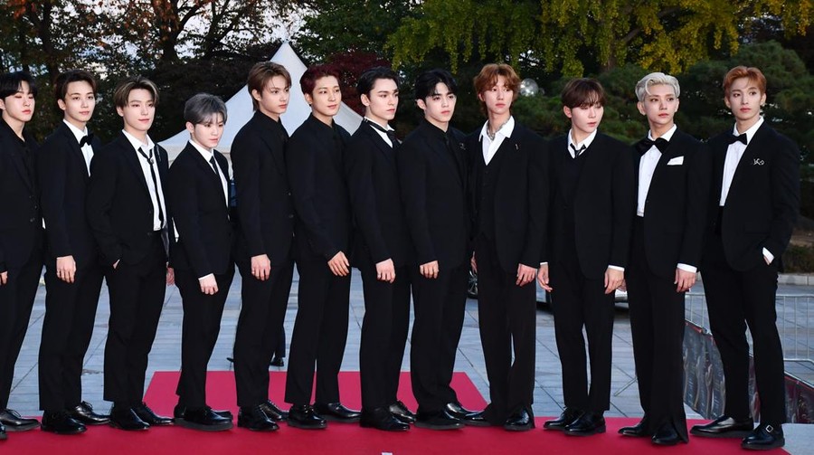 SEOUL, SOUTH KOREA - October 28: Boy band SEVENTEEN during a red carpet event of 2020 Korean Popular Culture and Art Awards at Kyunghee University Peace Hall on October 28, 2020 in Seoul, South Korea. (Photo by The Chosunilbo JNS/Imazins via Getty Images)