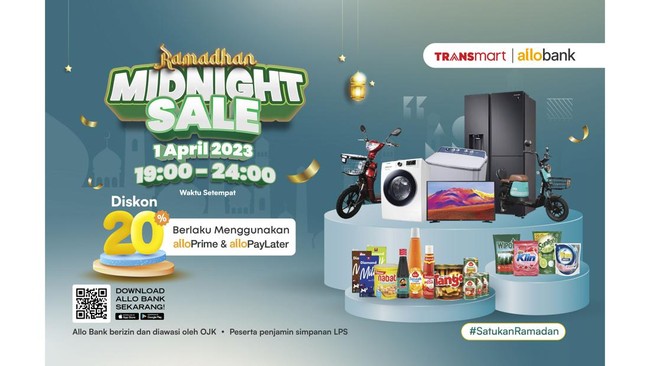 Di Transmart Midnight Sale malam ini, bakal ada diskon 20 persen untuk berbagai macam produk dengan pembayaran Allo Prime dan Kartu Kredit Bank Mega.