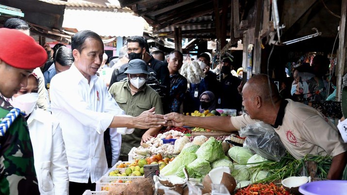 Presiden Jokowi dan Ibu Iriana Cek Harga Kebutuhan Pokok di Pasar Sambonggede. (Twitter @setkabgoid)