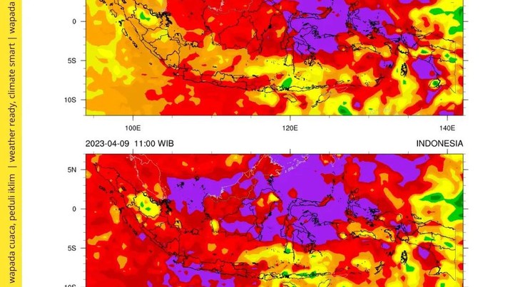 Sinar UV di wilayah Indonesia untuk prediksi tanggal 9 April 2023. (Instagram @Infobmkg)