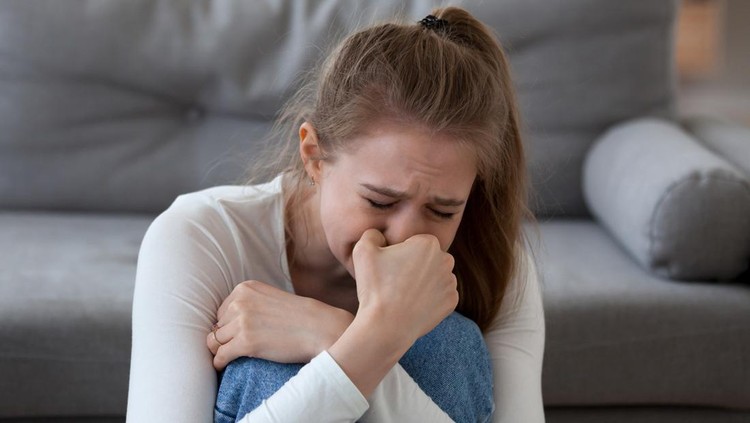 1124667817 Desperate upset teen girl victim crying alone at home, sad abused young woman in tears feeling depressed heartbroken offended bad having problems, unexpected pregnancy, regret mistake abortion