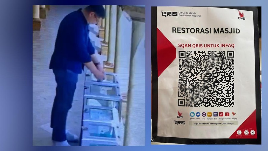 Rekaman CCTV memperlihatkan aksi seorang pria mengganti QR code QRIS kotak amal masjid dengan kode agar masuk ke rekening pribadi. Peristiwa ini terjadi di Kebayoran Baru, Jakarta Selatan.