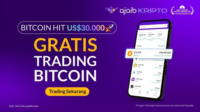Ajaib Kripto menggratiskan biaya transaksi untuk setiap transaksi jual dan beli aset kripto Bitcoin setelah harganya tembus US$30,000.