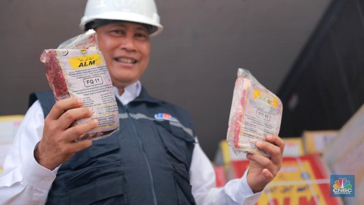 Direktur Utama Perum Bulog Budi Waseso alias Buwas membongkar 1 kontainer berisi 18.000 ton daging kerbau beku asal India dengan merek ALM di New Priok Container Terminal One (NPCTI), Jakarta Utara, Selasa, 12/4. (CNBC Indonesia/Muhammad Sabki)