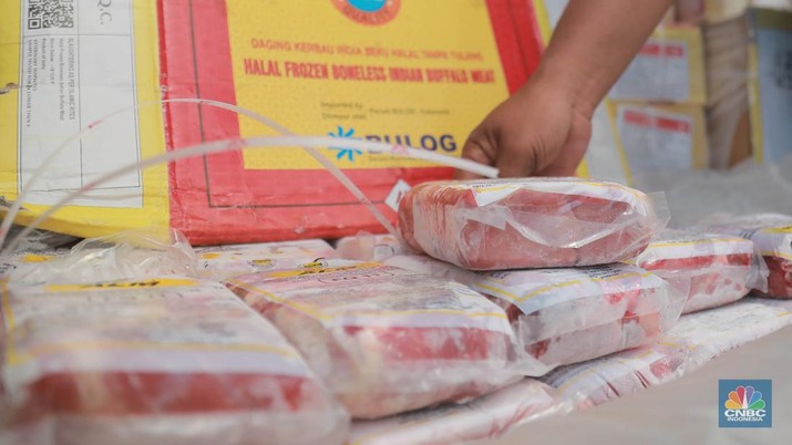 Direktur Utama Perum Bulog Budi Waseso alias Buwas membongkar 1 kontainer berisi 18.000 ton daging kerbau beku asal India dengan merek ALM di New Priok Container Terminal One (NPCTI), Jakarta Utara, Selasa, 12/4. (CNBC Indonesia/Muhammad Sabki)