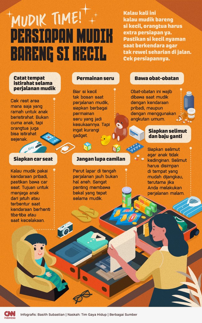 Kalau kali ini kalau mudik bareng si kecil, orangtua harus extra persiapan ya. Pastikan si kecil nyaman saat berkendara agar tak rewel seharian di jalan.