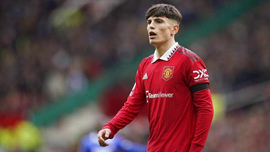 Manchester United's Alejandro Garnacho reacts during the English Premier League soccer match between Manchester United and Leicester City at the Stamford Bridge stadium in Manchester, England, Sunday, Feb. 19, 2023. (AP Photo/Dave Thompson)