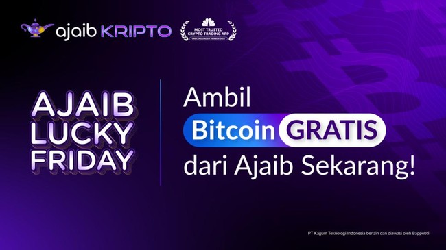 Lewat program Ajaib Lucky Friday, aplikasi investasi Ajaib membagikan bitcoin secara cuma-cuma pada setiap hari Jumat.