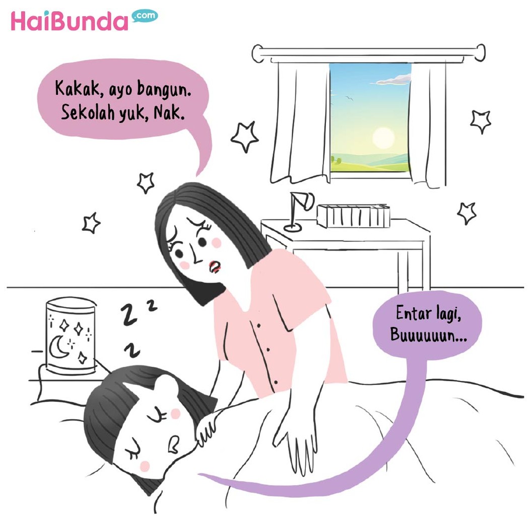 Masa libur Lebaran sudah habis, itu tandanya Kakak sudah harus kembali ke sekolah. Tapi kok susah banget ya dibangunin, sampai Ayah harus turun tangan nih.