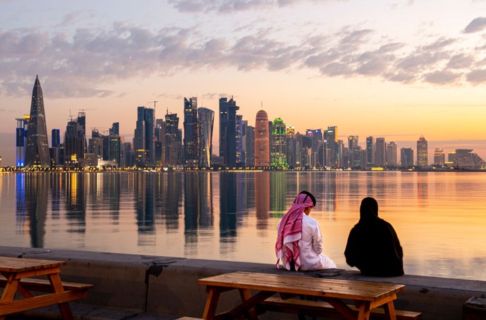 A picture taken on 20 April 2023 General view of sunrise at Doha Corniche in Doha,Qatar on 20 April 2023 (Photo by Noushad Thekkayil/NurPhoto via Getty Images)