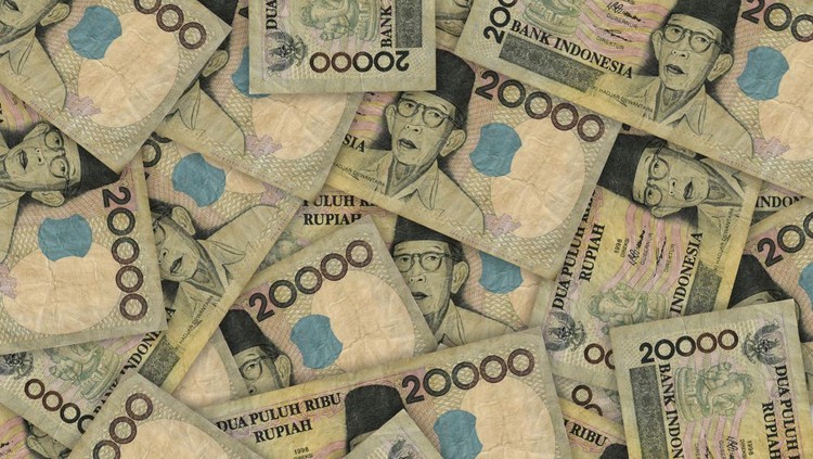 Ki Hadjar Dewantara, Portrait from Indonesia 20000 Rupiah 1998 Banknotes. Pile of old Indonesian rupiah banknotes series