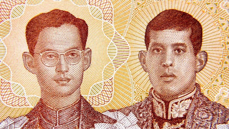 Kings Bhumibol and Vajiralongkorn on Thailand one-thousand baht bank note