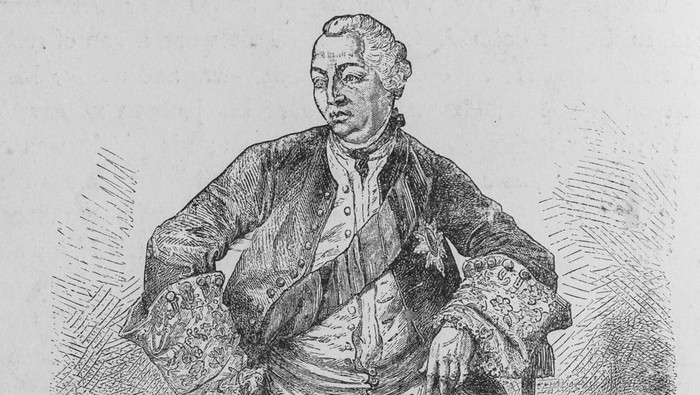 Sandwich, Massachusetts, USA - October 13, 2022- Engraving of   a seated portrait of King George III. of England(1738-1820).Image found in an 1881  book: 