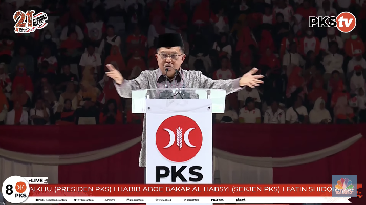 Wakil Presiden Ke-10 dan ke-12 RI Jusuf Kalla dalam Puncak MILAD KE-21 PKS. (Tangkapan Layar Youtube PKSTV)