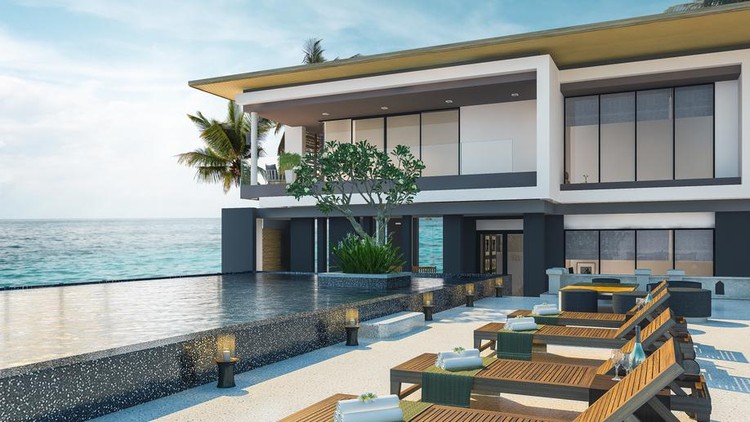 858282034 Sea view swimming pool in modern loft design,Luxury ocean Beach house, 3d rendering