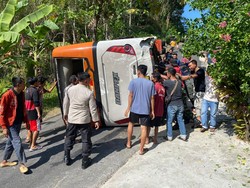 Bus Pariwisata Terguling di Gunungkidul Angkut 34 Wisatawan Asal Malang