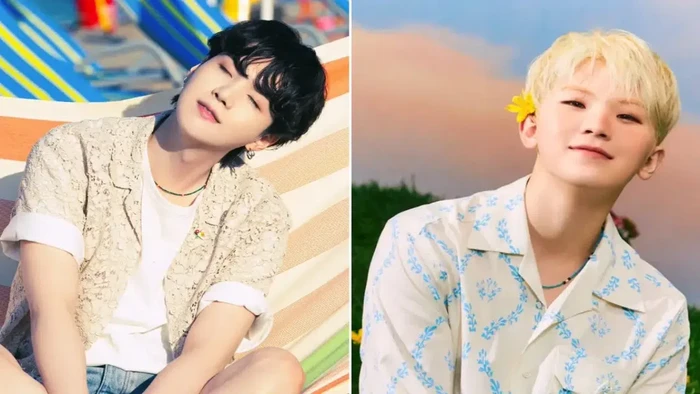 Suga BTS dan Woozi SEVENTEEN terlihat sangat mirip karena memiliki fitur wajah yang nyaris sama. Selain visual-nya, kepribadian mereka juga sangat mirip, lho. Sama-sama tenang dan hobi produksi musik./ Foto: pinkvilla.com