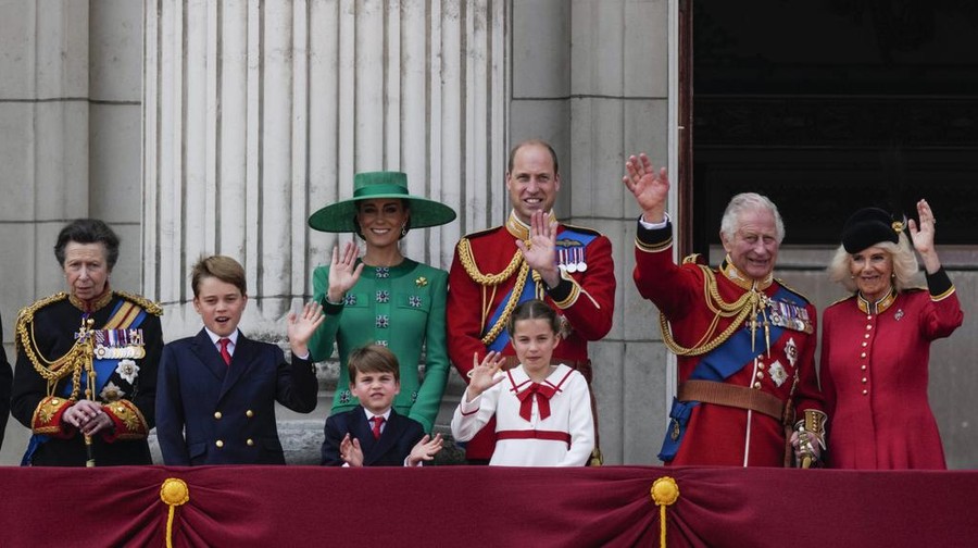 From left: Princess Anne, Prince George, Kate, Princess of Wales, Prince Louis, Prince William, Princess Charlotte, King Charles III and Camilla, the Queen Consort, greet the crowd from the balcony of Buckingham Palace after the Trooping The Colour parade, in London, Saturday, June 17, 2023. Trooping the Colour is the King's Birthday Parade and one of the nation's most impressive and iconic annual events attended by almost every member of the Royal Family.(AP Photo/Alastair Grant)